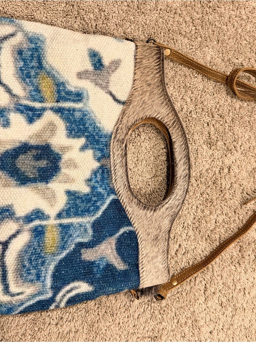 Myra Bag Blue Patterned Hairhide Trim Crossbody Card & Key Holder with Tan Strap